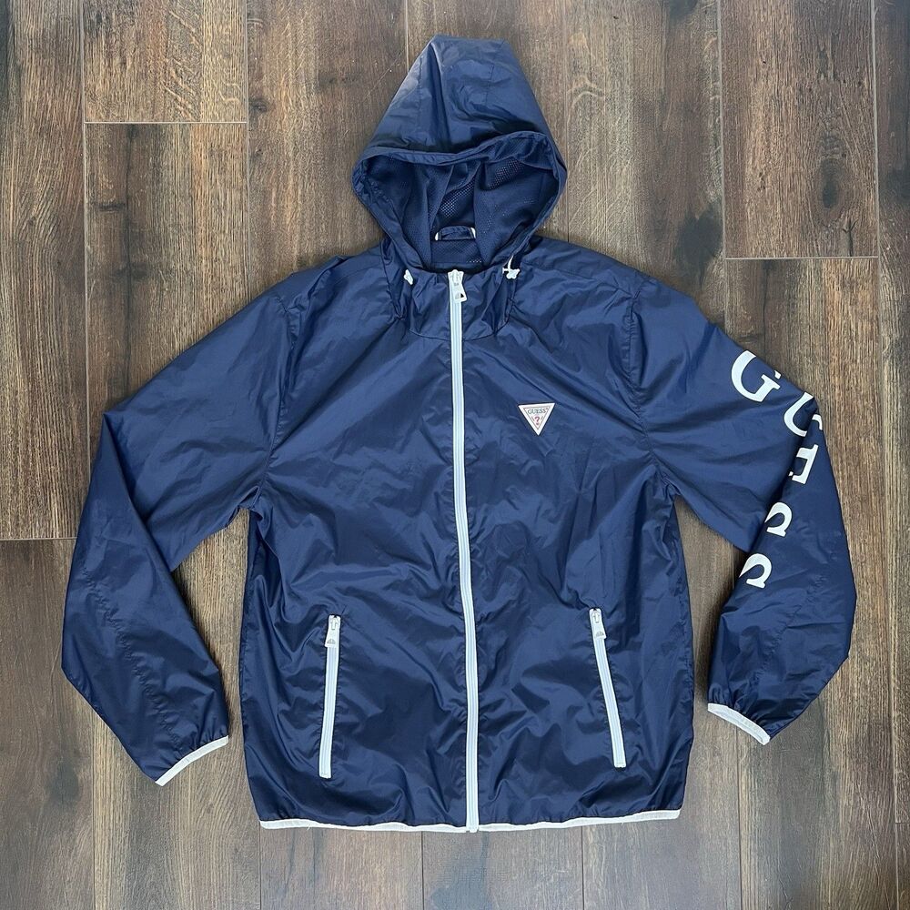 Guess Men's Windbreaker Lightweight Rain Jacket Size Large Navy Blue Logo